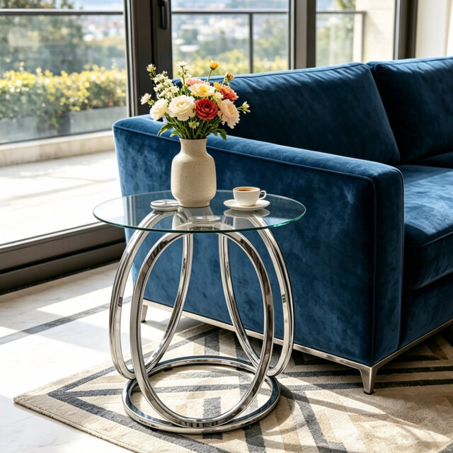 "23.6"" Round Glass End Table, Modern Style Tall Side Table for for Living Room, Balcony, Bedroom"