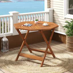 Solid Wood Patio Dining Table 90CM Outdoor Octagon Bistro Table With Umbrella Hole