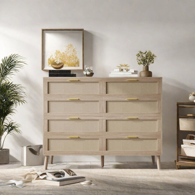 8 Drawer Rattan Dresser, Modern Wood Chest Of Drawers