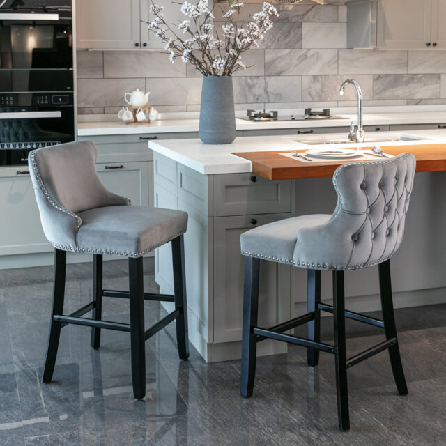 Upholstered Counter Stool with Solid Wood Frame