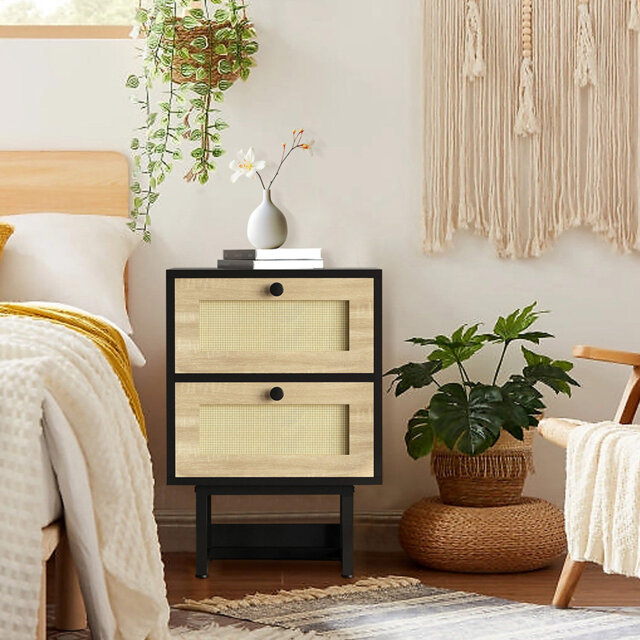 Black bedside table, bedroom table, 2 drawers, bedside table with frame for bedrooms, coffee table, side table with storage compartment 57 x 40 x 34cm