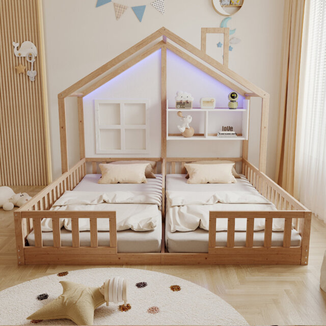 Wooden House Bed 90Ã200 cm with LED Light, Rails & Shelves
