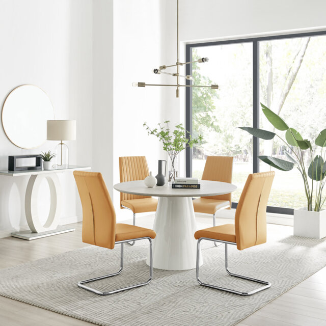 Edzard Statement Round Dining Table Set in Luxury Beige Stone Effect & 4 Faux Leather Dining Chairs