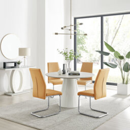 Edzard Statement Round Dining Table Set in Luxury Beige Stone Effect & 4 Faux Leather Dining Chairs