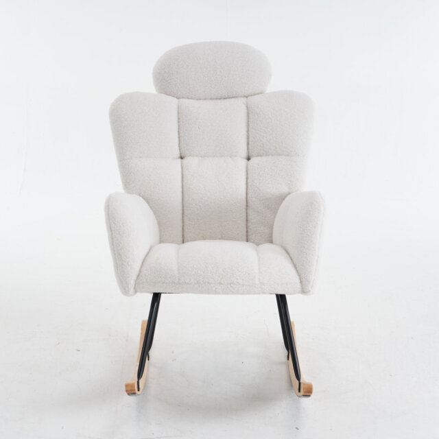 Rocking Chair in Soft Teddy Fabric Tufted Upholstered Rocking Chair with Headrest