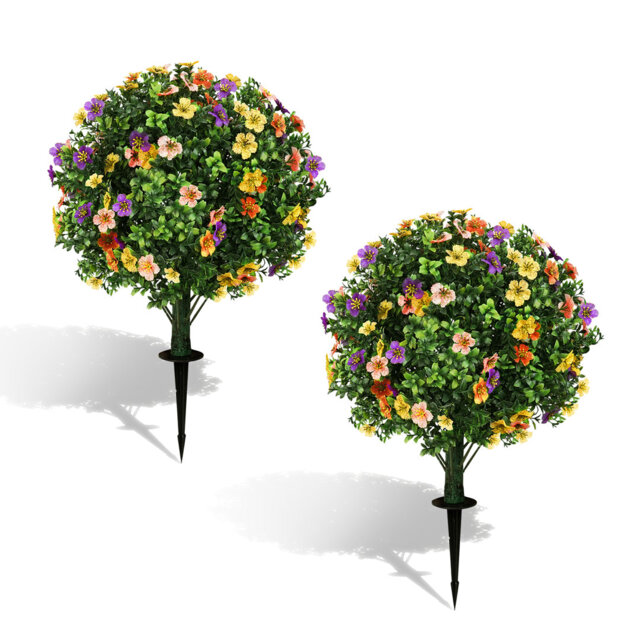 Artificial Voilet Flower Outdoor, 2 Pack Artificial Boxwood Topiary Ball, Fake Plants Plastic Shrubs Faux Evergreen Greenery for Front Door Garden Ind