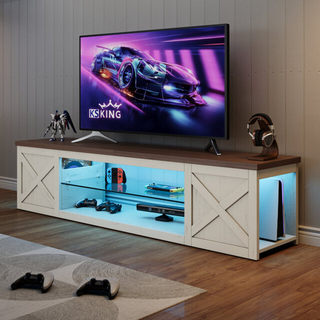 Farmhouse TV Stand with RGB LED Lights, Adjustable Glass Shelf & X-Shaped Barn Doors, Media Console Table for TV Up to 65/80 Inch, 2 Sizes (148cm/180c