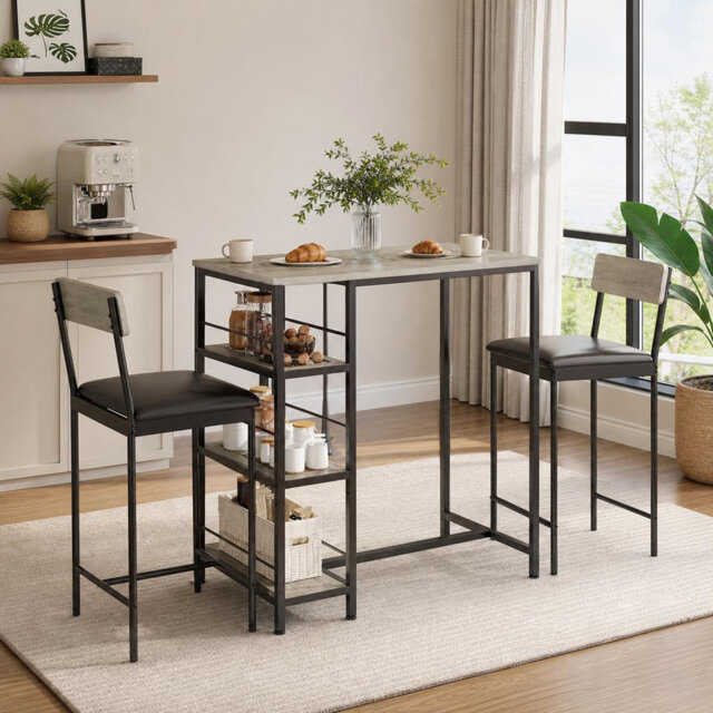 3-Piece Dining Table Set for 2, Kitchen Table and Upholstered Chairs for 2, 3 Piece Counter Height Bar Table Set with 3 Large Storage Shelves for Smal