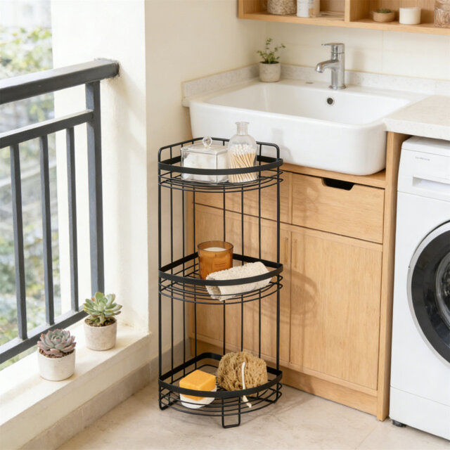 3 Tier Bathroom Corner Shelf Counter Organizer, Freestanding Black Wire Plastic Bathroom Caddy, L-Shaped Corner Shower Storage Organizer For Toiletrie