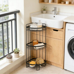 3 Tier Bathroom Corner Shelf Counter Organizer, Freestanding Black Wire Plastic Bathroom Caddy, L-Shaped Corner Shower Storage Organizer For Toiletrie