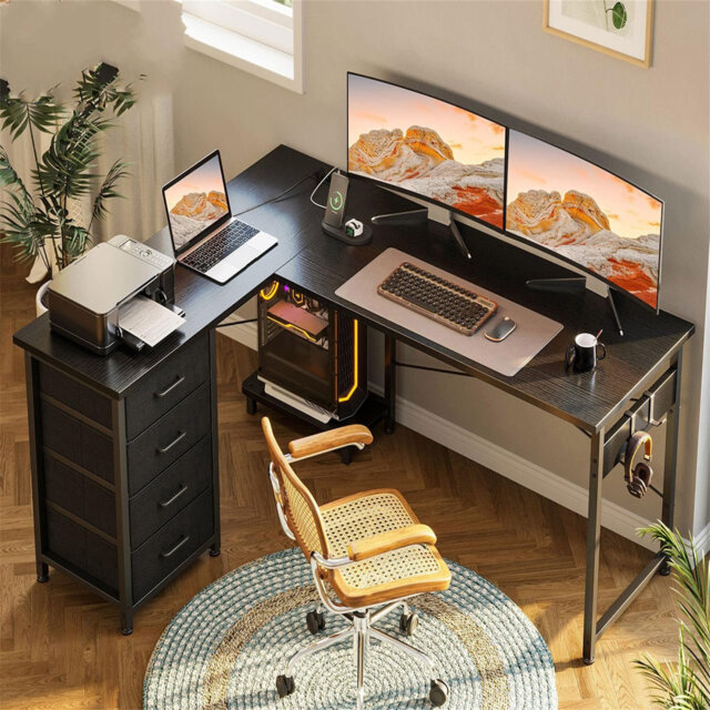 Desk with drawers, L-shaped desk with sockets and USB charging port, reversible desk with storage space for the home office