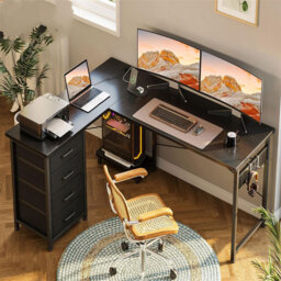 Brenice L-Shaped Metal Base Computer Table with Power Outlet