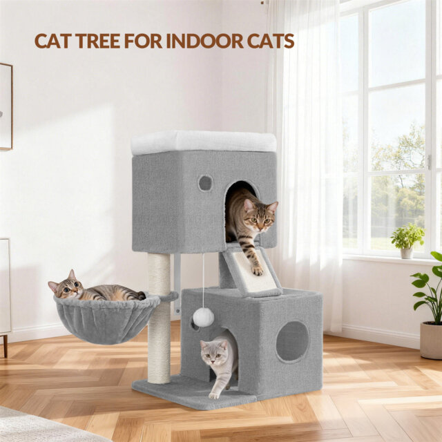 Cat Tree, 82 cm Cat Tower for Indoor Cats, Multi-Level Tree with Two Comfy Condos, a Soft Platform, Basket, Sisal Scratching Post, Scratching Board, P