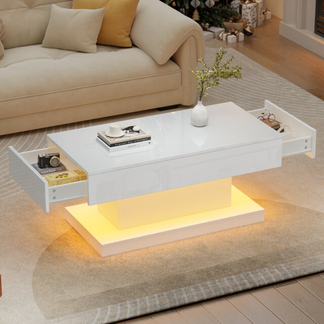 T-Shaped High-Gloss Coffee Table - 2 Drawers, App-Controlled Led Lights, White, 30Kg Capacity