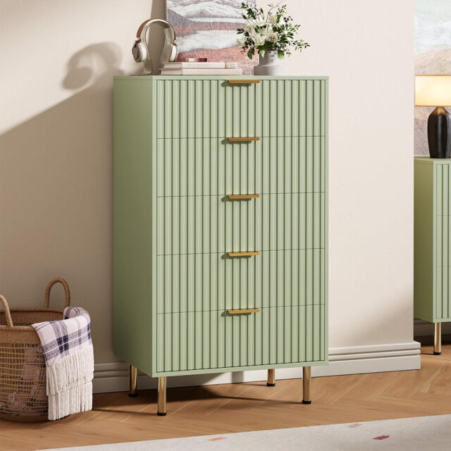 Green 5 Drawer Dresser for Bedroom, Fluted Tall Dresser with Large Drawers and Sturdy Gold Legs Support, Dressers & Chests of Drawers for Bedroom, Liv