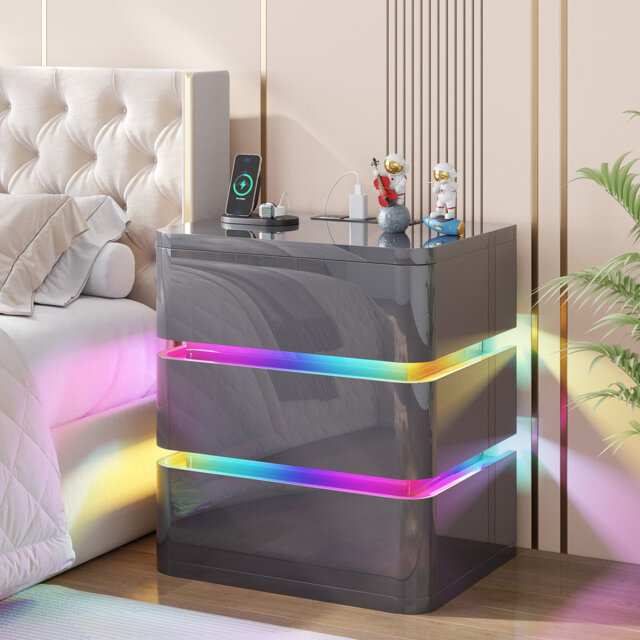 Fully Assembled 3-Drawer Nightstand with Charging Station and Motion Sensor RGB Light, Curved Profil