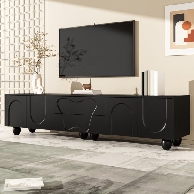 Modern Tv Stand With Curved Doors - 180Cm, Matte Finish, Wood Legs, Storage Drawers