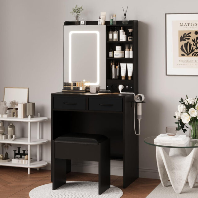 Dressing Table with Stool Set, Vanity Table with Smart LED Mirror & Power Outlet, 2 Drawers, Hairdryer Holder, Makeup Desk Bedroom, Modern Vanity Desk