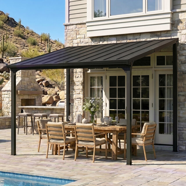 Belmont Lean To Outdoor Patio Gazebo With Steel Slope Roof,EROMMY Hardtop Wall Mounted Metal Frame Pavilion