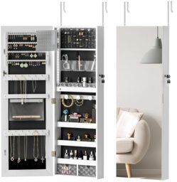 108 x 37 cm White Surface Jewelry Cabinet with Black Lining, Lockable Design Equipped with LED Lights, Freestanding Storage Organizer for Bedroom Use
