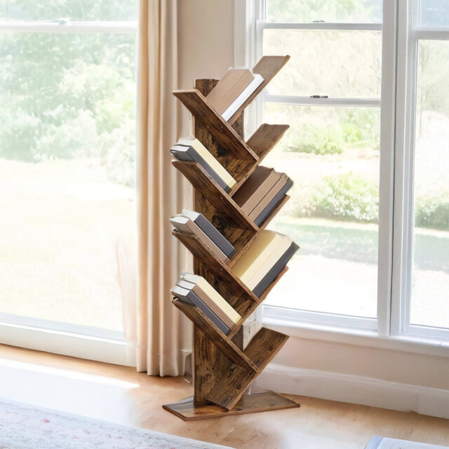 9-Tier Bookcase, Space-Saving Corner Shelf, Floor Standing Bookshelf for Home Office, Bedroom, Living Room, Brown