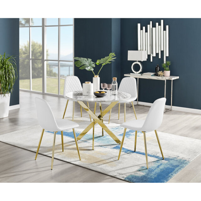 Tierra Modern Chrome Metal & Glass Round Dining Table Set with 4 Luxury Faux Leather Chairs