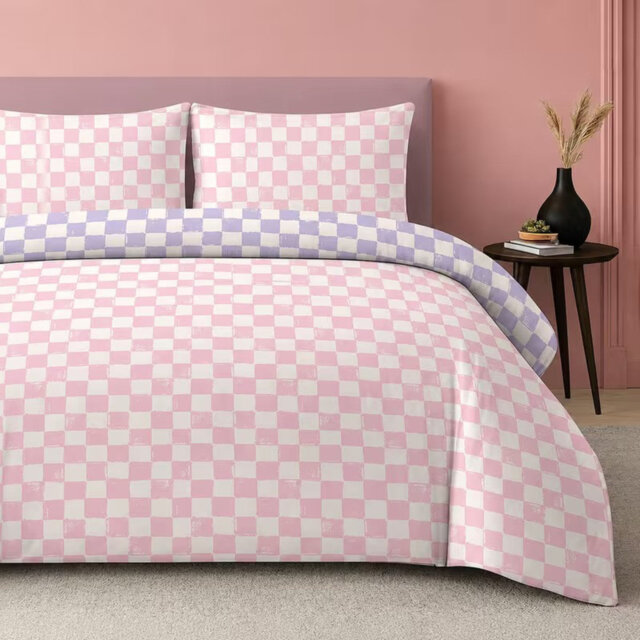 Checkerboard Duvet Cover Set Pink Lilac Bedding Set with Pillowcases