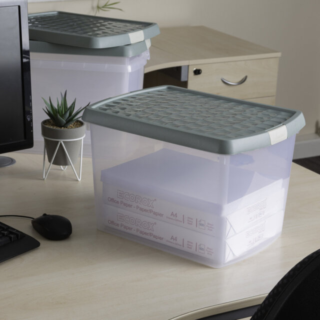 Wham Clip 21.5L Rectangular Plastic Storage Boxes with Secure Clip Lock Lids. L:39 x W:29 x H:25.5cm Clear/Stone/Slate Grey