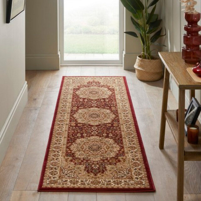 Red Traditional Bordered Floral Polypropylene Rug For Bedroom, Dining Room, Stain Resistant Modern Rug