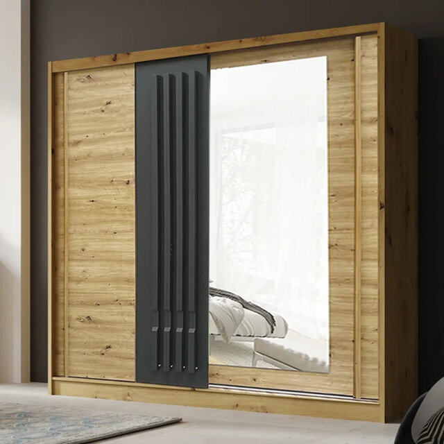 Avantgarde 5 Sliding Door Wardrobe 200cm - Oak Artisan & Graphite with Mirrored Sliding Door