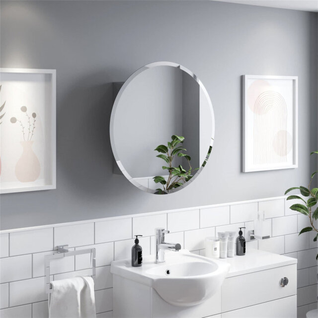 Bathroom Mirror Cabinet Storage Wall Mount Cabinet, Round Single Mirror Door, Stainless Steel