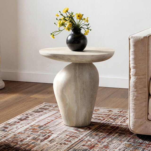 Fiberglass Side Table,Pedestal Sofa Table Stone-Effect Accent Table