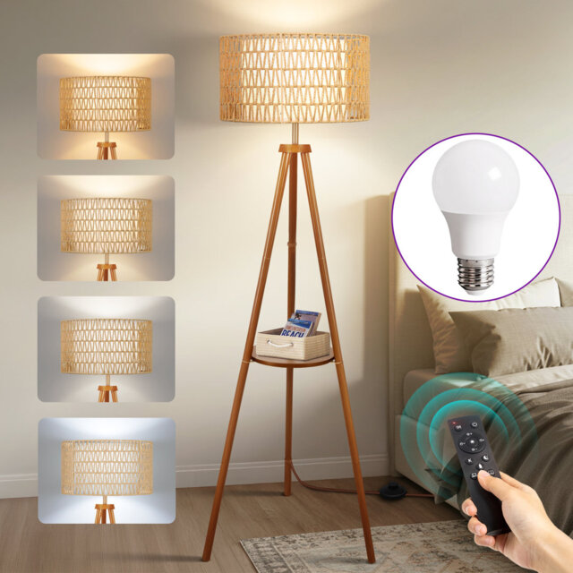 Round Tripod Floor Lamp with Rattan and Linen Shades, Remote Control, Tray, Walnut