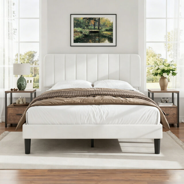 3 Pieces Bedroom Set, Bed Frame with Velvet Upholstered Headboard, Platform Bed Frame and 2 Nightstands with Drawer, No Box Spring Needed, Easy to Ass