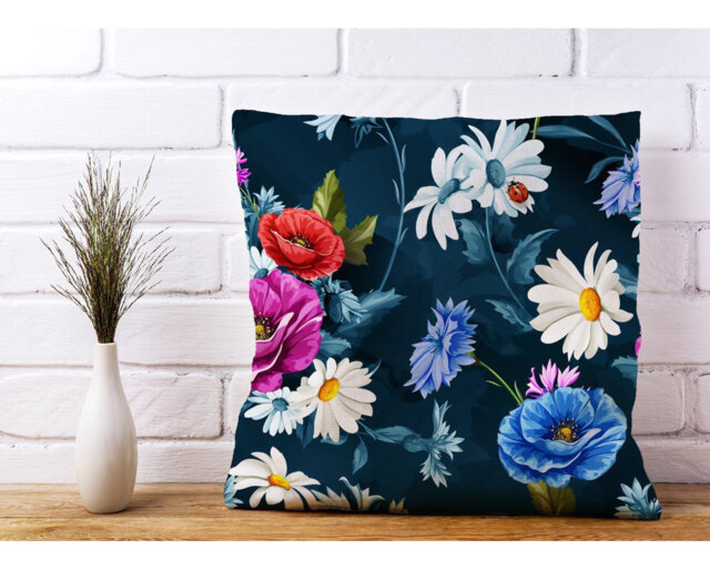 Heloise Poppy Flowers with Chamomile, Leaves, Cornflowers Floral Scatter Cushion with Filling
