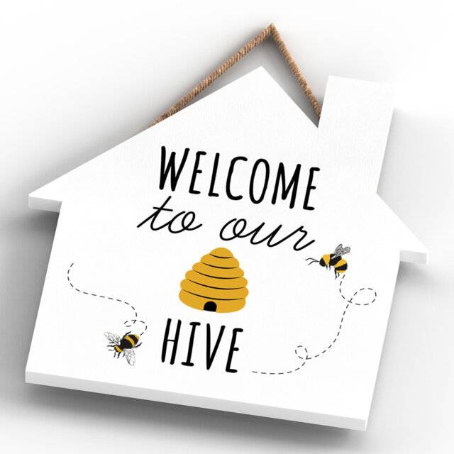 Bee Welcome to Our Hive Wall Décor Wooden House Plaque