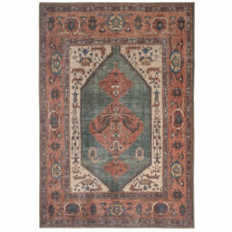 Machine Washable Terracotta Green Traditional Persian Style Distressed Living Room Area Rug