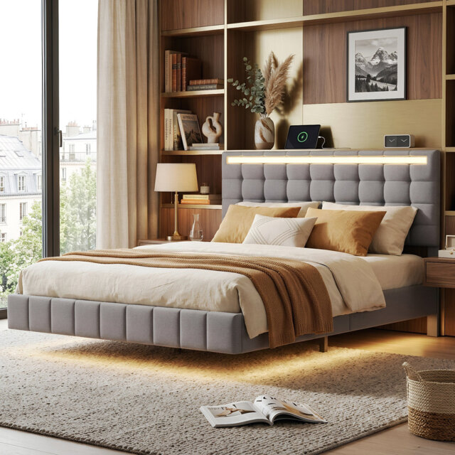 EU Double & King Floating Linen Bed Frame with Dual-Zone LED & USB Charging, Adjustable Tufted Headboard, Beige/Grey, 140/160x200cm