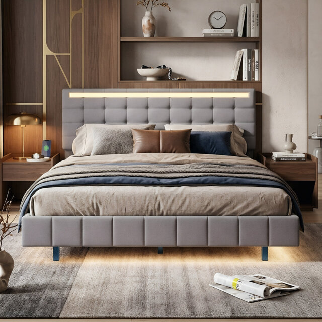 EU Double & King Floating Linen Bed Frame with Dual-Zone LED & USB Charging, Adjustable Tufted Headboard, Beige/Grey, 140/160x200cm