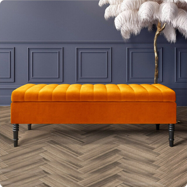 Safar Striped Ottoman Storage Bench – Upholstery Plush Velvet Shoe Bench with Black Turned Wooden Legs
