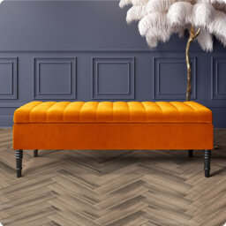 Safar Striped Ottoman Storage Bench – Upholstery Plush Velvet Shoe Bench with Black Turned Wooden Legs