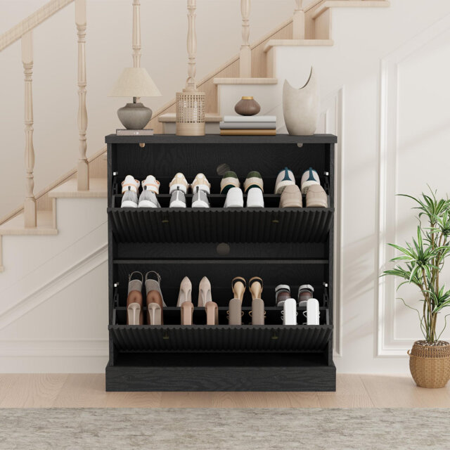 Shoe Cabinet with 2 Flip Drawers, Modern Narrow Wave Shoe Organizer with Adjustable Shelves, Wooden Freestanding Shoe Cabinet for Entryway, Living Roo