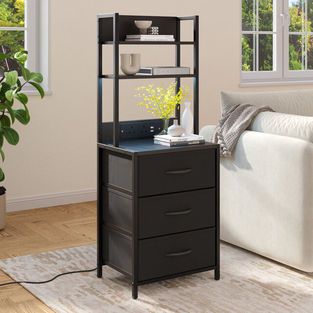 3-Drawer Nightstand with Charging Station & RGB Light Strip, Fabric Drawers