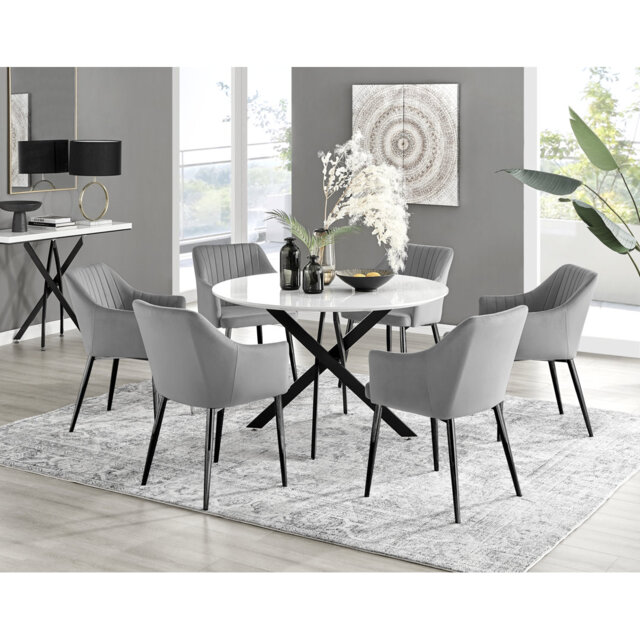 Tierra Modern Chrome Metal & Glass Round Dining Table Set with 6 Luxury Button Velvet Chairs