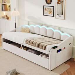 Beige Velvet Single Daybed, 1 Piece Set, with Hydraulic Storage, with LED Lighting, with Armrest Storage