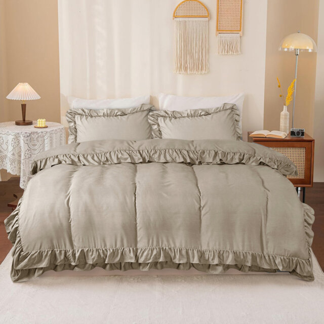 DUVET FRILL COVER SET Microfiber Solid Colour Duvet Cover with Pillowcases Included