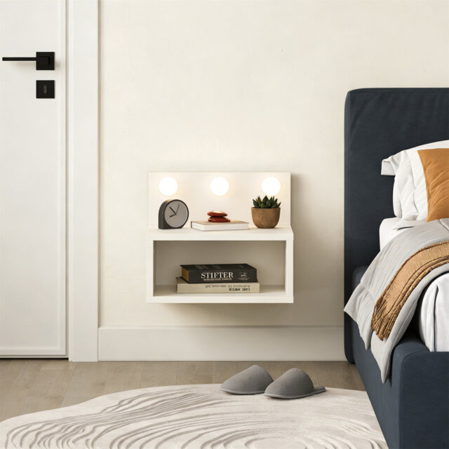 Wall Mounted Nightstand 40×39×30 Cm, Floating Bedside Shelf With 3 Built-In Lamp Sockets, Modern Minimalist Wall Nightstand With 1 Open Compartment