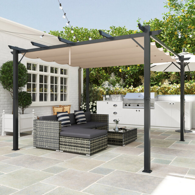 3 X 3m Aluminium Pergola Canopy, Retractable Roof Gazebo Awning, Uv Resistant With 8 Drainage Grommets & 8 Ground Stakes, Outdoor Garden Patio Sun Sha