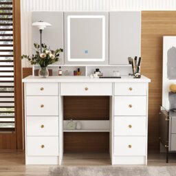 110cm Wide Dressing Table with 3-Colour LED Mirror & 9 Drawers - Large Vanity with 5 Storage Shelves