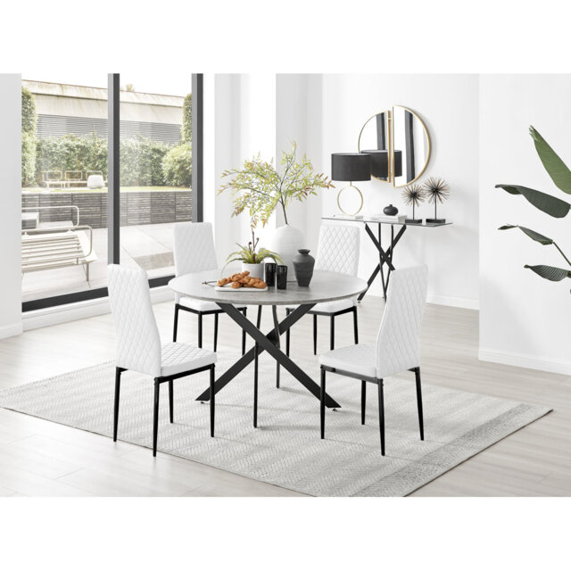 Tierra Modern Chrome Metal & Glass Round Dining Table Set with Quilted Faux Leather Chairs